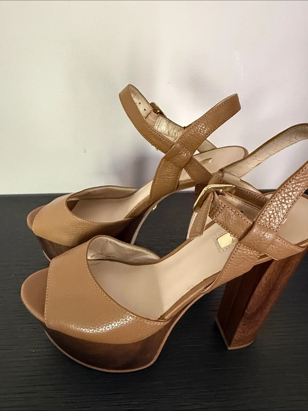 Guess Tan Platform Sandals with Wooden Block Heel